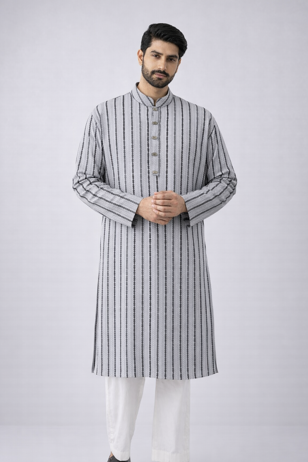 Eid Special Premium China Cotton Striped Panjabi – Ash Grey